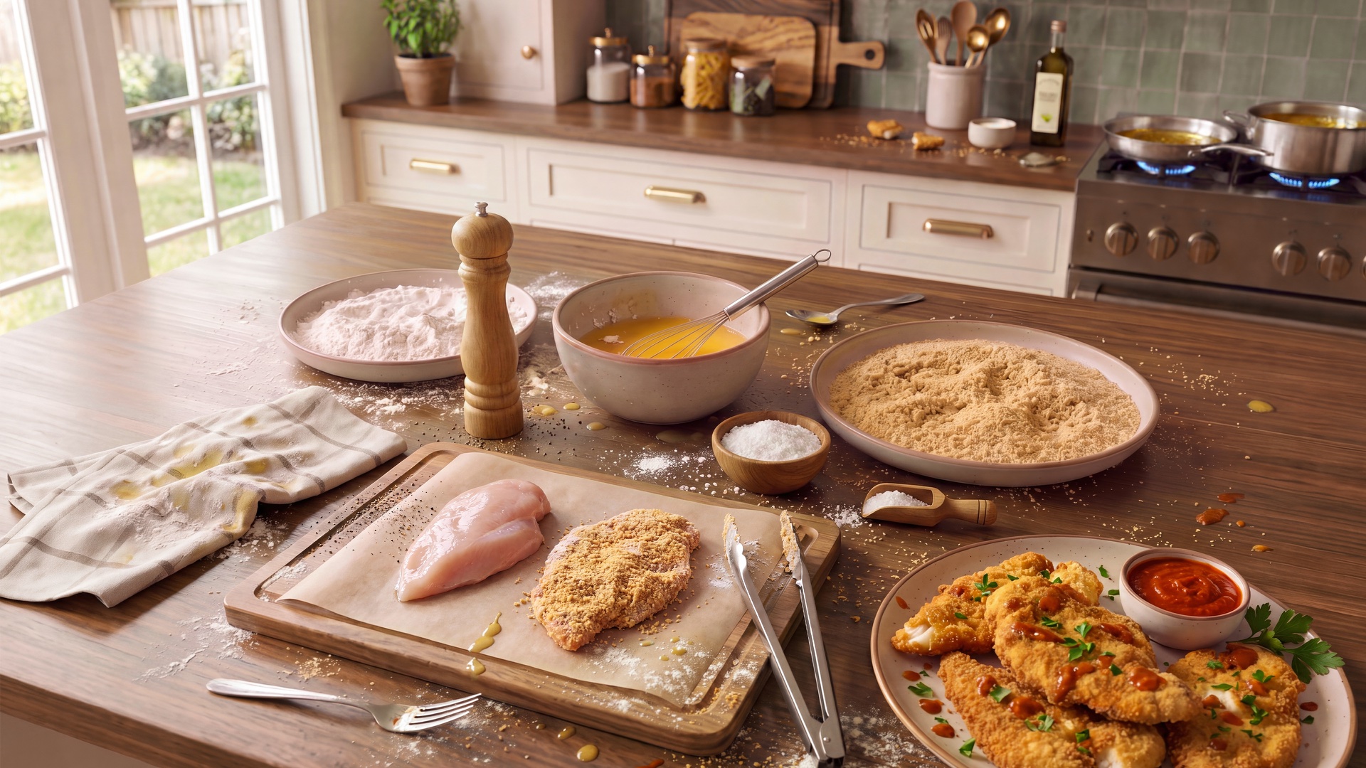 A cluttered breading setup with separate bowls, spilled flour, utensils and dishes across the counter