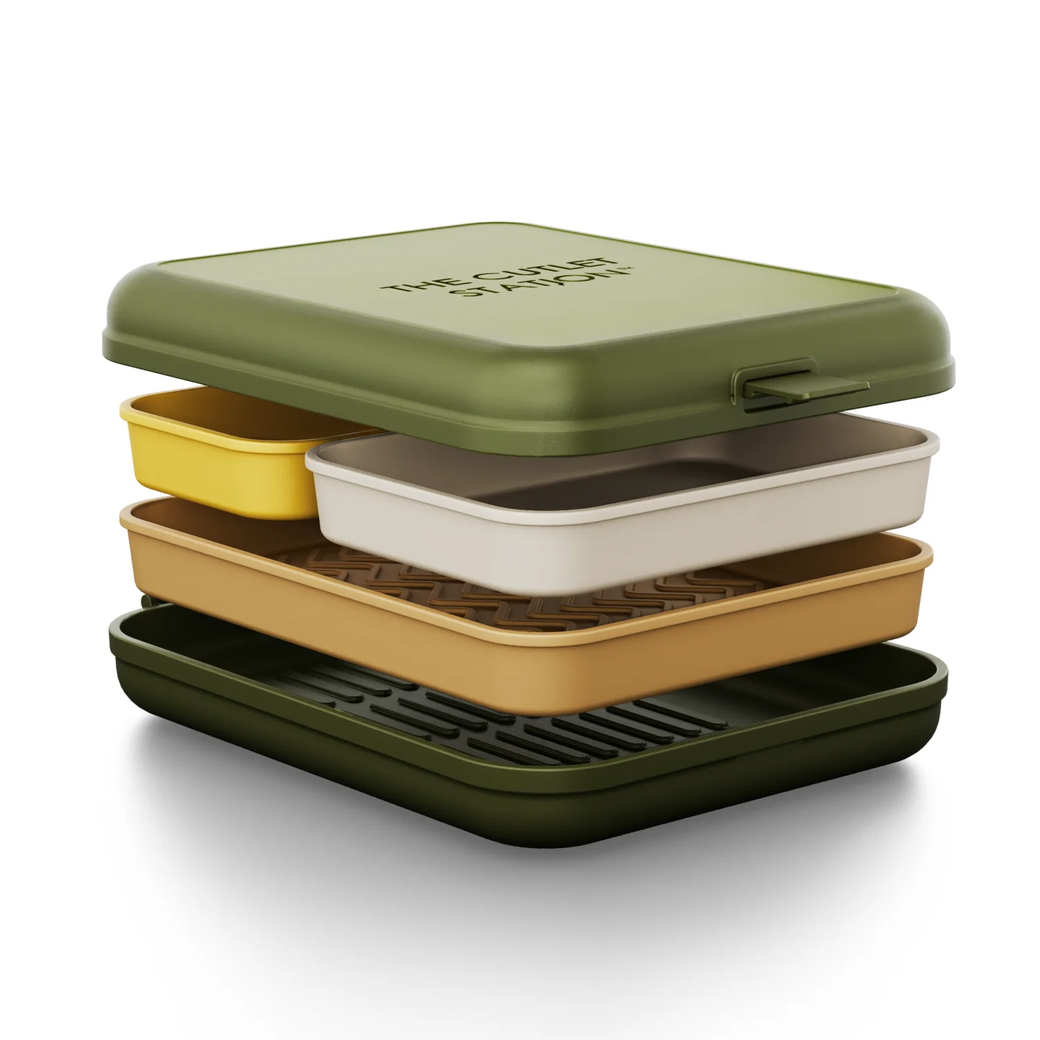 Exploded view of The Cutlet Station base and removable trays