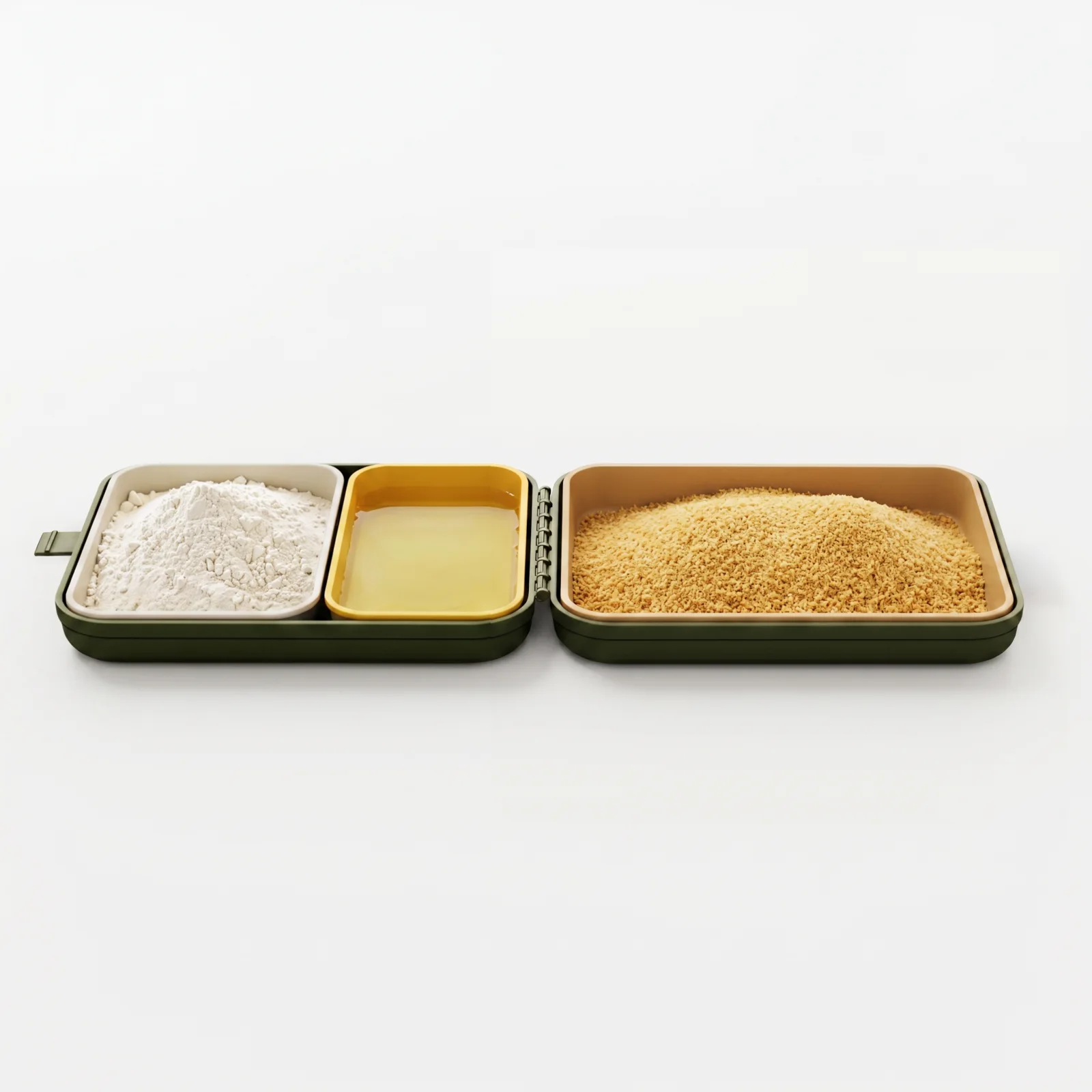 The Cutlet Station open, showing the flour tray on the left, egg tray beside it, and large breadcrumb tray on the right